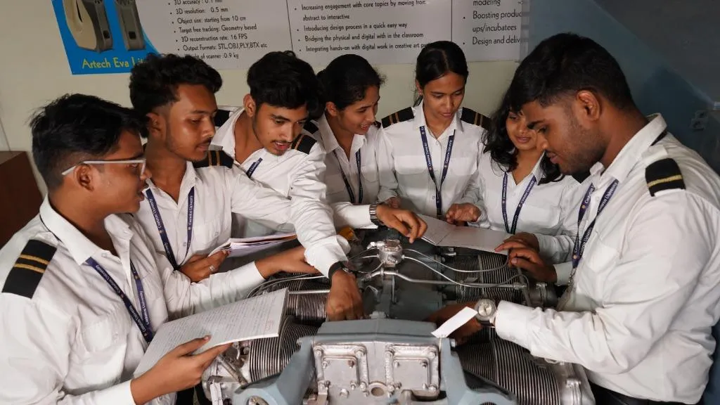 Students inspecting aircraft radial engine