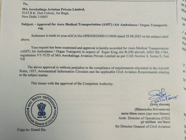 A Proud Milestone for India: Air Kalinga Receives Aero Medical Transportation (AMT) License for Super King Air B200 (VT-YUD)