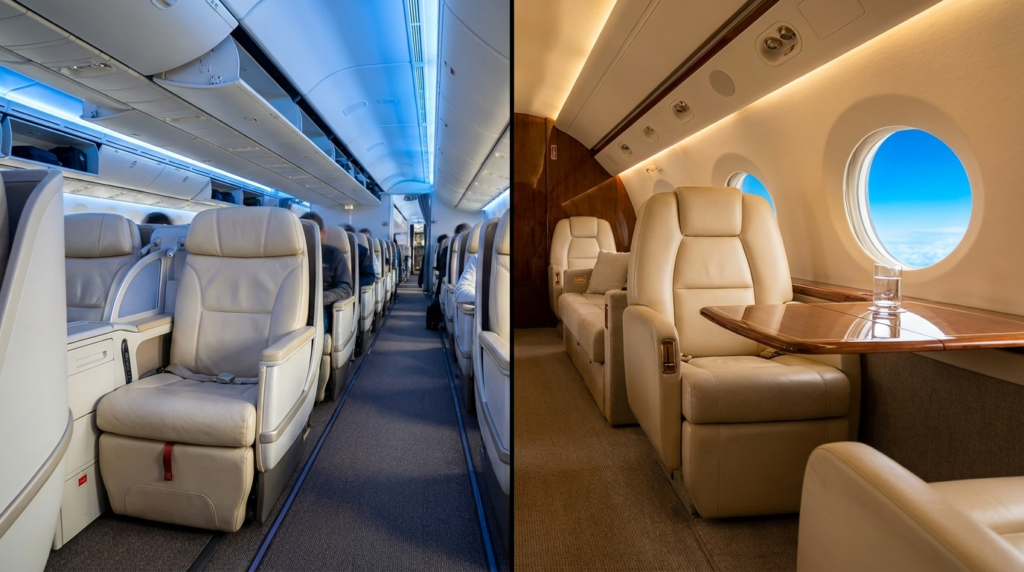Private jet vs first class India comparison 2026 — Air Kalinga charter vs commercial luxury cabin honest differences guide