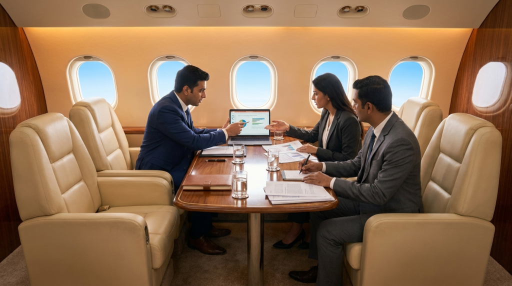 Private jet vs first class India productivity comparison cabin privacy business meeting charter vs commercial 2026