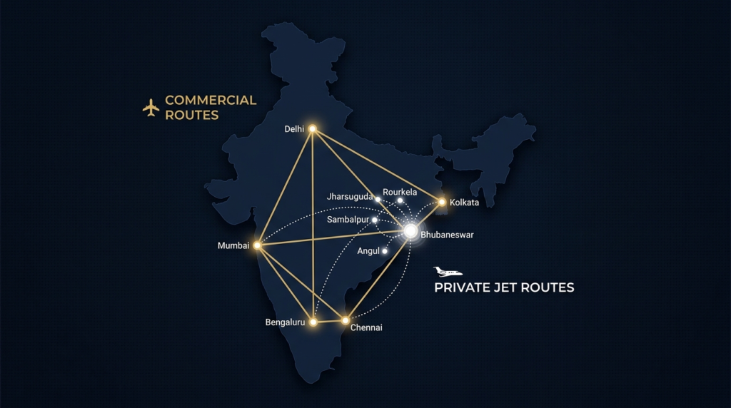 Private jet vs first class India route access tier-2 city connectivity comparison Air Kalinga charter Odisha 2026