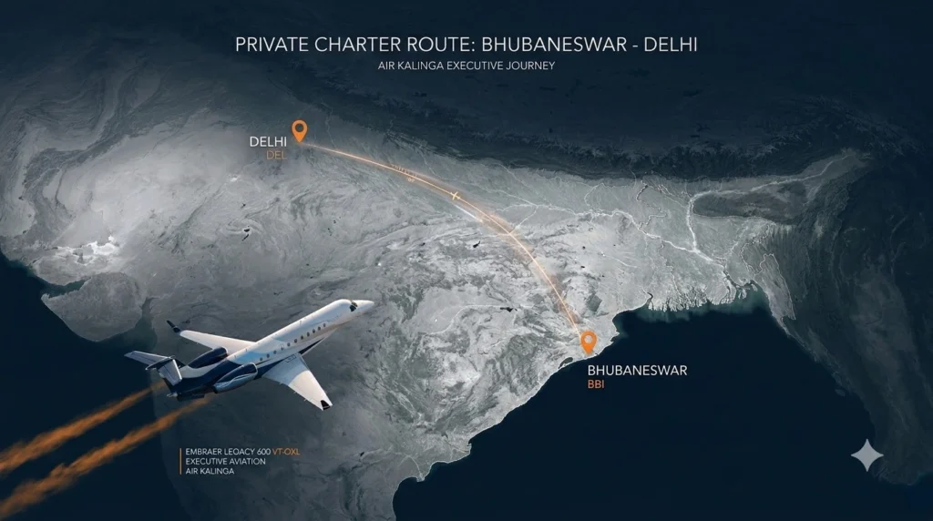 Charter flight Bhubaneswar to Delhi route map BBI to Delhi private jet Air Kalinga