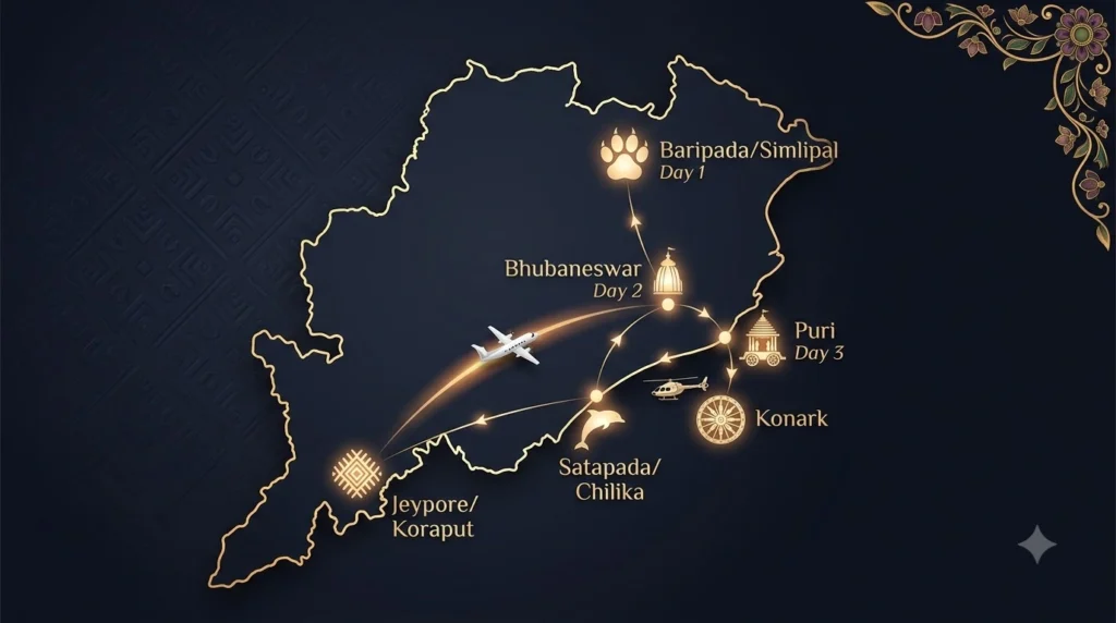 Odisha tourism private jet itinerary Day 1 Day 2 Day 3 Bhubaneswar Puri Konark Chilika Simlipal tribal circuit Air Kalinga
