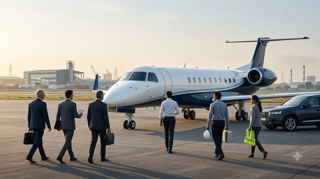 Private jet charter for industrial site visits India with Air Kalinga aircraft and executive team