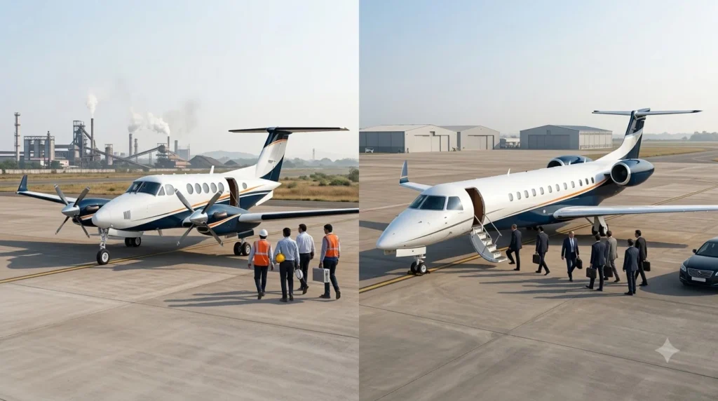 Private jet charter for industrial site visits India with King Air B200 and Legacy 600 aircraft options