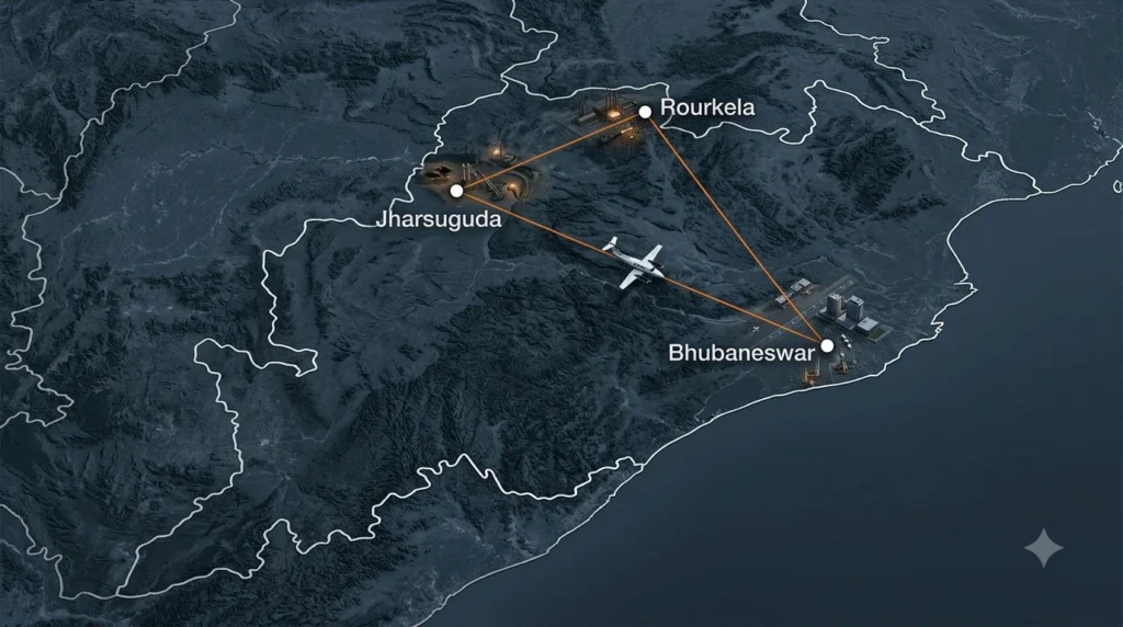 Private jet charter for industrial site visits India route from Bhubaneswar to Jharsuguda and Rourkela